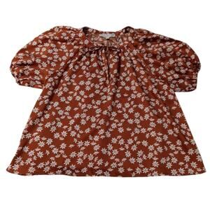 LOFT Blouse Top M Petite Flowy Boho Peasant Cottage Floral Short Sleeve Tie Neck